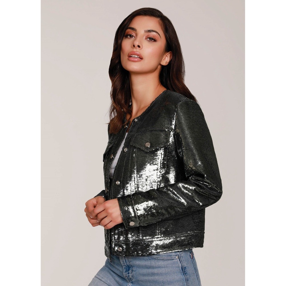 Dolce Cabo Womens XS Sparkle Sequin Jacket Gun Metal Silver‎ Snap Holiday NYE